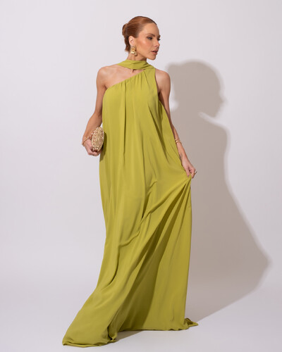 Foto Vestido de Festa Longo Crepe Fluido um Ombro Só com Lenço Verde Pistache
