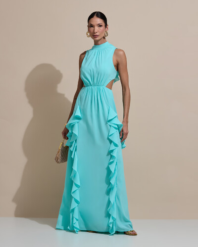 Foto Vestido de Festa Longo Gola Alta Crepe Chiffon Recortes Babados Cascata Tiffany