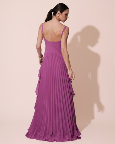 FotoVestido de Festa Longo Crepe Chiffon Alça Fina Saia Plissada com Babado Cascata Fúcsia