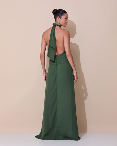 Foto Vestido de Festa Longo Frente Única Busto Blousê Crepe Chiffon Drapeado Verde Escuro