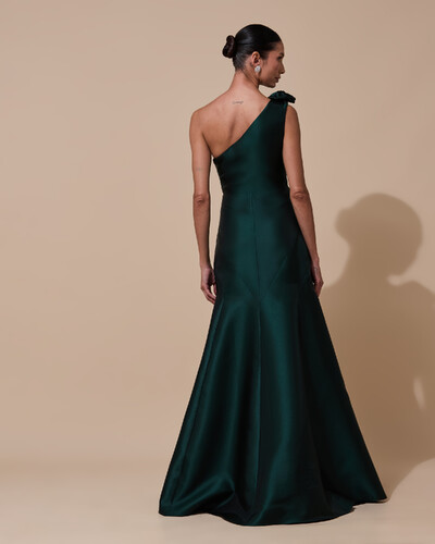 Foto Vestido de Festa Longo Zibeline um Ombro Só Flor Removível Saia Sereia Verde Escuro