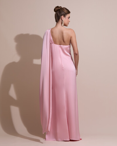 FotoVestido de Festa Longo Cetim Fluido Um Ombro Só Rose Gold