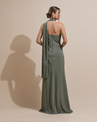 FotoVestido de Festa Longo Crepe Chiffon Um Ombro Só Drapeado Verde Oliva