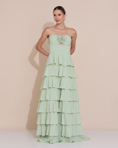 Foto Vestido de Festa Longo Crepe Chiffon Tomara que Caia Plissado Flor Camadas Verde Menta New