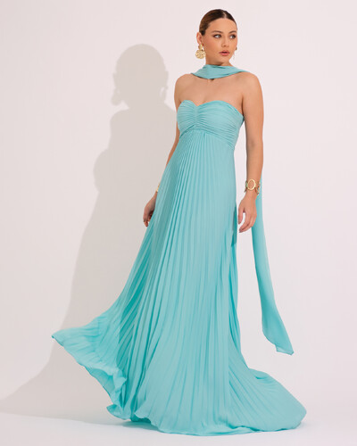 Foto Vestido de Festa Longo Tomara que Caia Plissado com Lenço Verde Tiffany