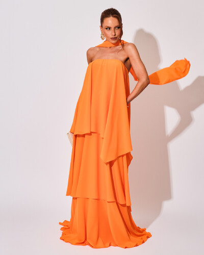 Foto Vestido de Festa Longo Chiffon Crepe em Camadas com Lenço Laranja