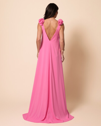 FotoVestido de Festa Longo Crepe Chiffon Fluido Decote em V Flores Rosa
