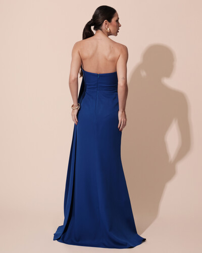 FotoVestido de Festa Longo Alfaiataria Tomara que Caia Drapeado Faixa Azul Royal
