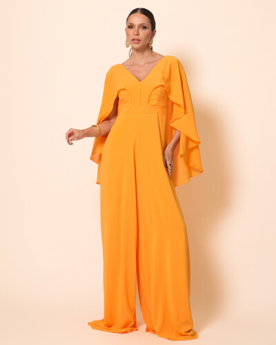 Foto Macacão de Festa Longo Crepe Chiffon com Capa Laranja Manga