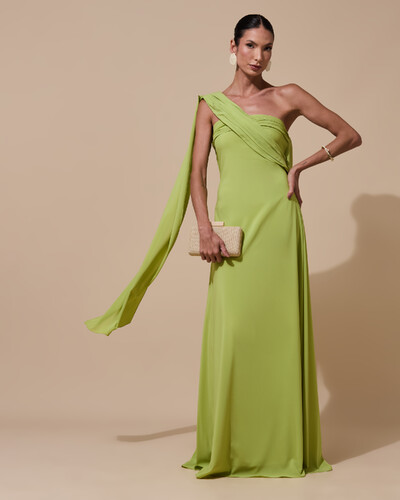 Foto Vestido de Festa Longo Tomara que Caia Crepe Chiffon Lenço Drapeado Costas Trançada Verde Garden