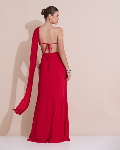 Foto Vestido de Festa Longo Um Ombro Só Crepe Chiffon Lenço Vermelho
