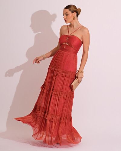Foto Vestido de Festa Longo Tule com Saia Babado Terracota