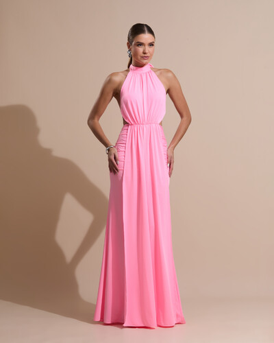 Foto Vestido de Festa Longo Malha Jersey Gola Alta Saia Sereia Rosa New
