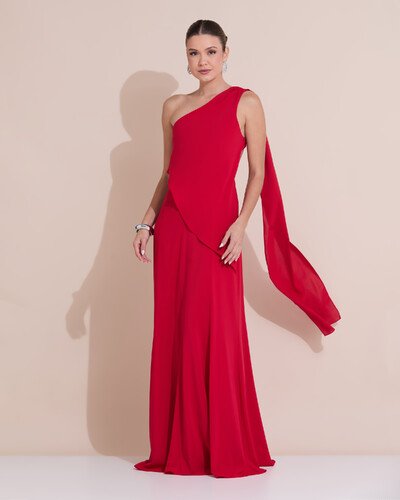 Foto Vestido de Festa Longo Um Ombro Só Crepe Chiffon Lenço Vermelho