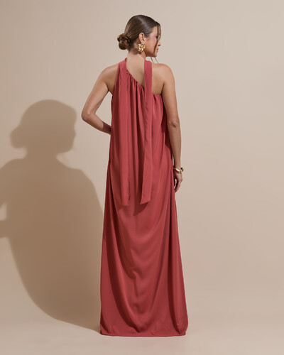 FotoVestido de Festa Longo Crepe Fluido um Ombro Só com Lenço Terracota