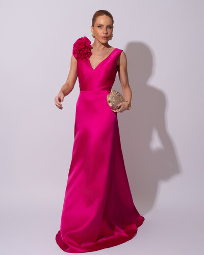Foto Vestido de Festa longo Zibeline Decote em V com Flores Removivel Pink