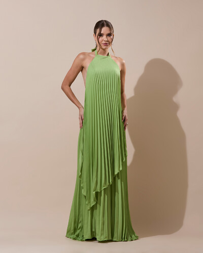 Foto Vestidos de Festa Longo Chiffon Fluido Frente Única Plissado Duplo Verde Garden