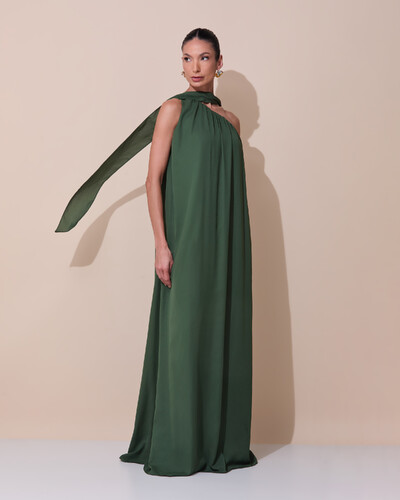 Foto Vestido de Festa Longo Crepe Fluido um Ombro Só com Lenço Verde Escuro New
