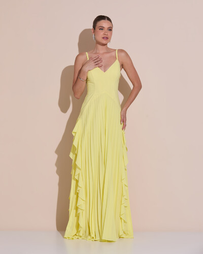 Foto Vestido de Festa Longo Crepe Chiffon Alça Fina Saia Plissada com Babado Cascata Amarelo Manteiga