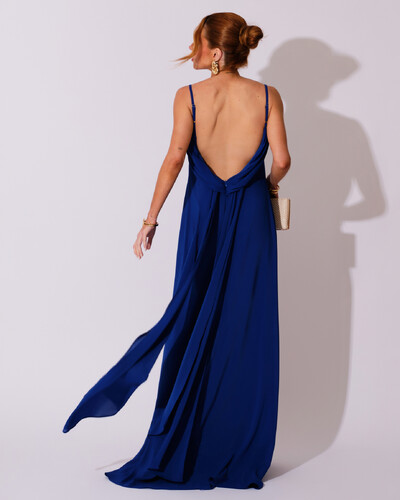 Foto Vestido de Festa Longo Crepe Chiffon Costas Lenço Cauda Azul Royal