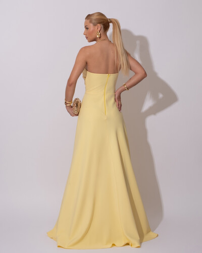 FotoVestido de Festa Longo Alfaiataria Tomara que Caia com Fenda Detalhe Amarelo Manteiga