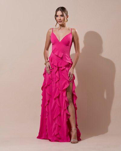 Foto Vestido de Festa Longo Decote V Crepe Chiffon Babados Cascata e Fenda Pink New