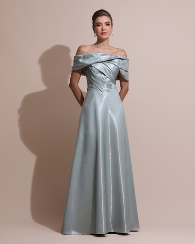 Foto Vestido de Festa Longo Cetim Cristal Ombro a Ombro Drapeado Verde Menta