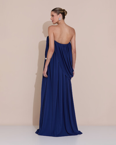 Foto Vestido de Festa Longo Tomara Que Caia Crepe Chiffon Drapeado Azul Marinho