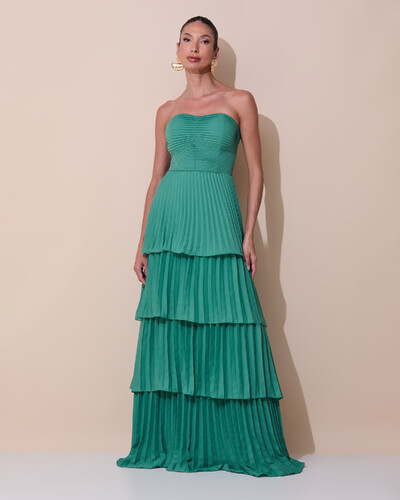 Foto Vestido de Festa Longo Tomara que Caia Crepe Chiffon Plissado Camadas Verde Matcha Escuro