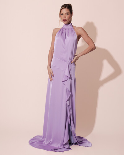 Foto Vestido Longo de Festa Cetim Fluido Gola Alta e Babado Cascata Lilás