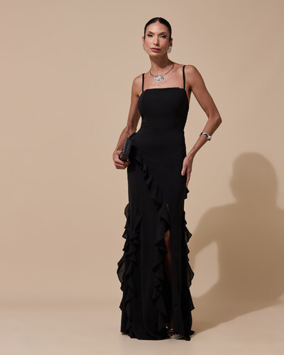 Foto Vestido de Festa Longo Alças Finas Crepe Chiffon Babado Cascata Fenda Costas V Preto