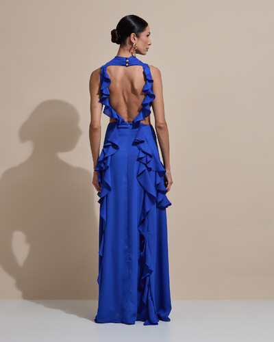Foto Vestido de Festa Longo Gola Alta Crepe Chiffon Recortes Babados Cascata Azul Royal