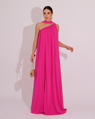 Foto Vestido de Festa Longo Crepe Fluido um Ombro Só com Lenço Pink