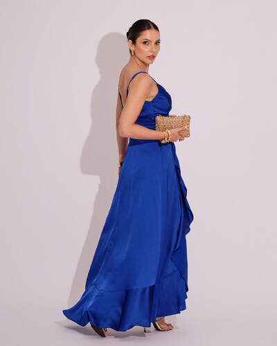 FotoVestido Midi Babado Acetinado Azul Royal
