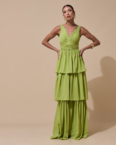 Foto Vestido de Festa Longo Decote V Crepe Chiffon Plissado Camadas Babado Verde Garden