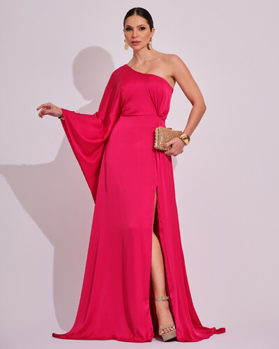 Foto Vestido Longo de Cetim Fluido uma Manga e Detalhe Torcido Pink