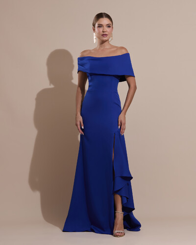Foto Vestido de Festa Longo Alfaiataria Ombro a Ombro com Babado Cascata Azul Royal
