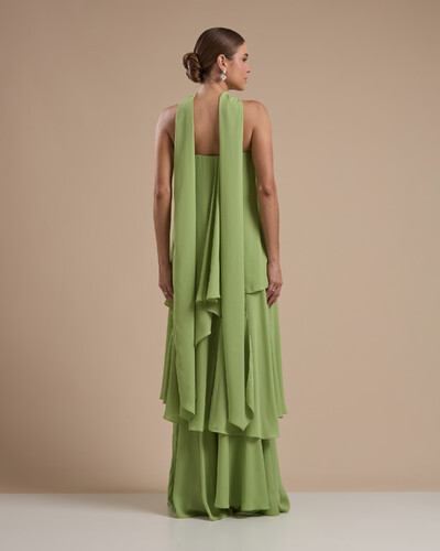 FotoVestido de Festa Longo Chiffon Crepe em Camadas com Lenço Verde Garden