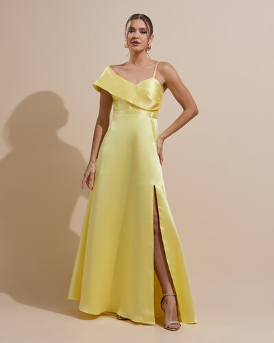 Foto Vestido de Festa longo Faixa Ombro e Fenda Zibeline Amarelo Manteiga
