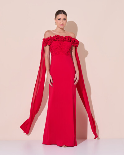 Foto Vestido de Festa Longo Ombro a Ombro Plissado Crepe Chiffon Capa Flor 3D Vermelho