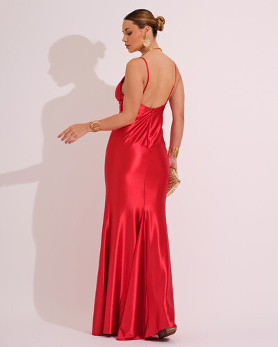 FotoVestido de Festa Longo Malha Cetim Busto Drapeado Saia Sereia Vermelho
