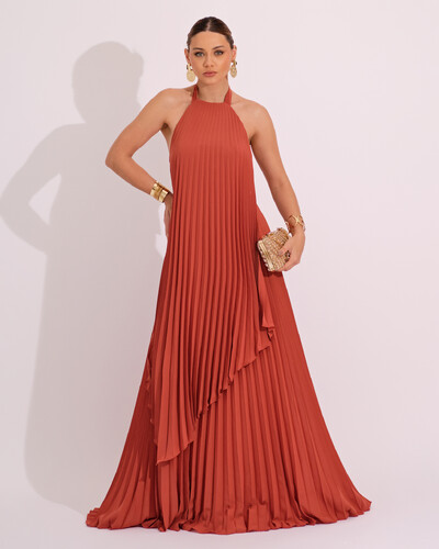 Foto Vestidos de Festa Longo Chiffon Fluido Frente Única Plissado Duplo Terracota