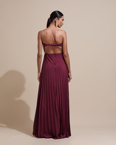 Foto Vestido de Festa Longo Tomara que Caia Plissado Detalhe Marsala