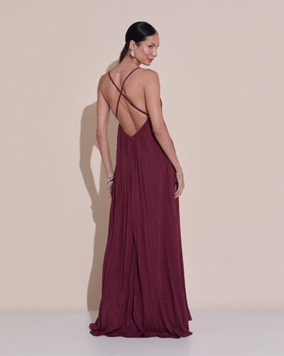 Foto Vestido de Festa Longo Plissado Crepe Chiffon Decote V Alças Finas Marsala