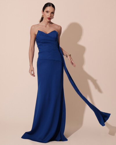Foto Vestido de Festa Longo Alfaiataria Tomara que Caia Drapeado Faixa Azul Royal