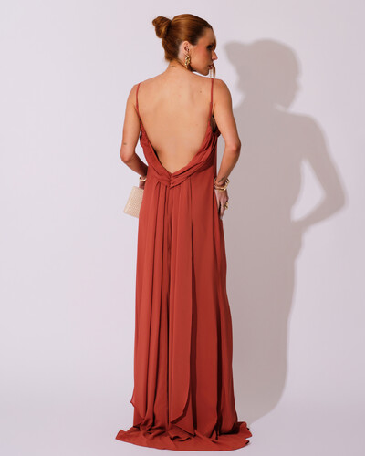 Foto Vestido de Festa Longo Crepe Chiffon Costas Lenço Cauda Terracota