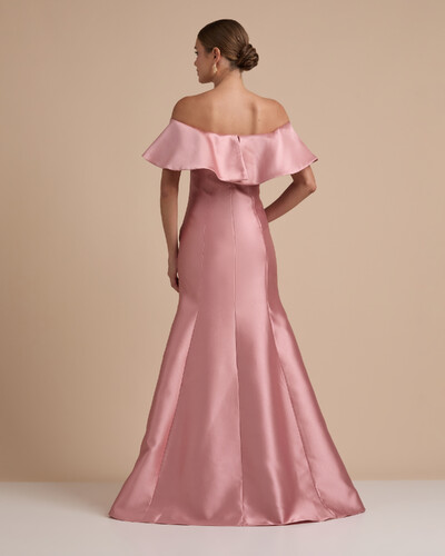 FotoVestido de Festa Longo Zibeline Ombro a Ombro com Babado Rose