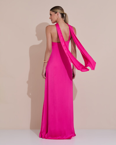 Foto Vestido de Festa Longo em Cetim Fluido um Ombro Só com Lenço Pink