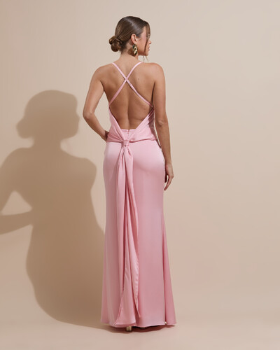 FotoVestido de Festa Longo Costas Abertas Laço Cetim Decote V Rose Gold