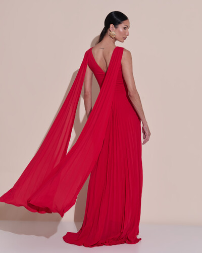 Foto Vestido de Festa Longo Crepe Chiffon Plissado com Lenço nas Alças Vermelho
